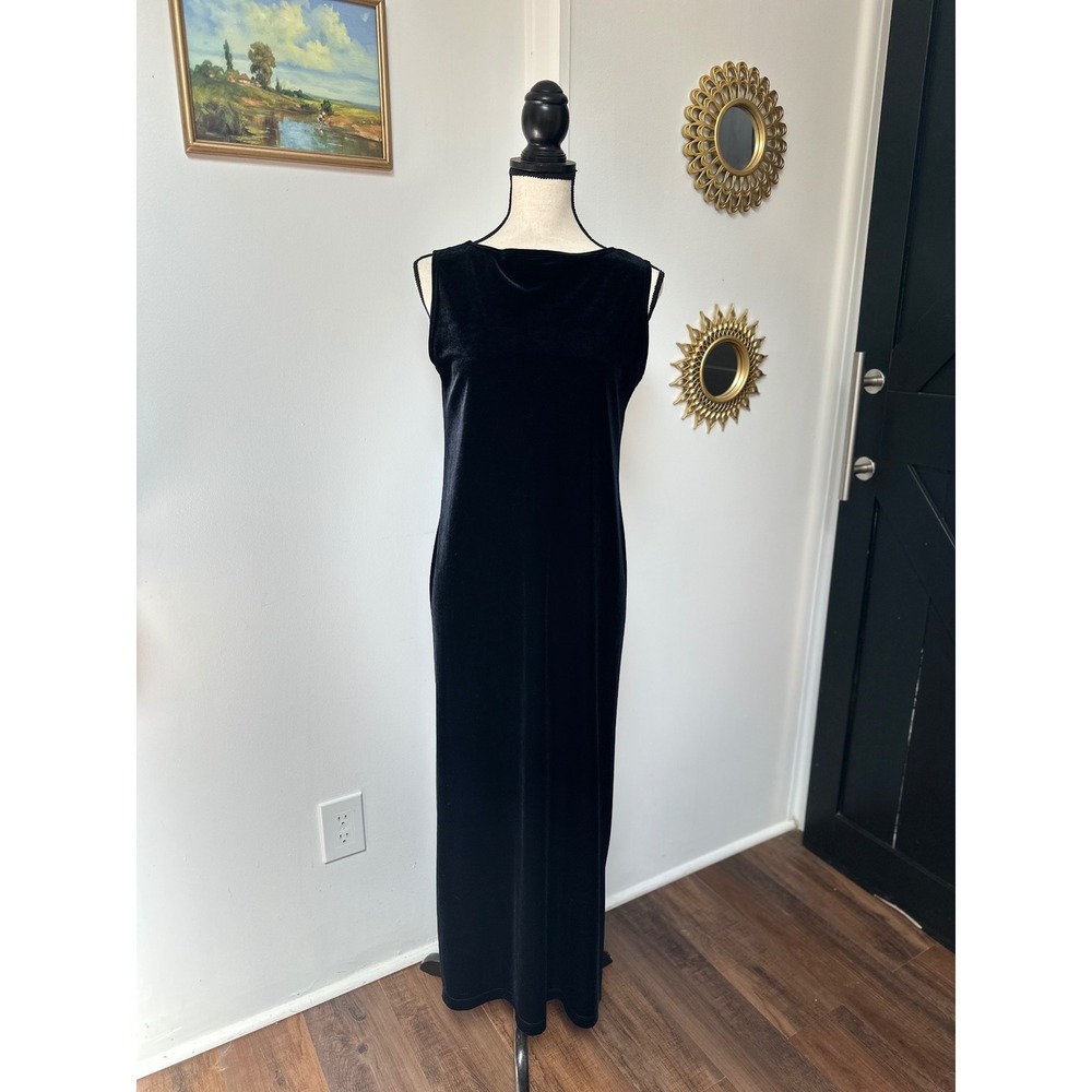 Vintage Black Velvet Maxi Dress Sleeveless Minimalist 90s Goth Formal Size M